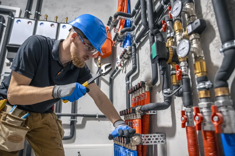 A technician checking the heating system.