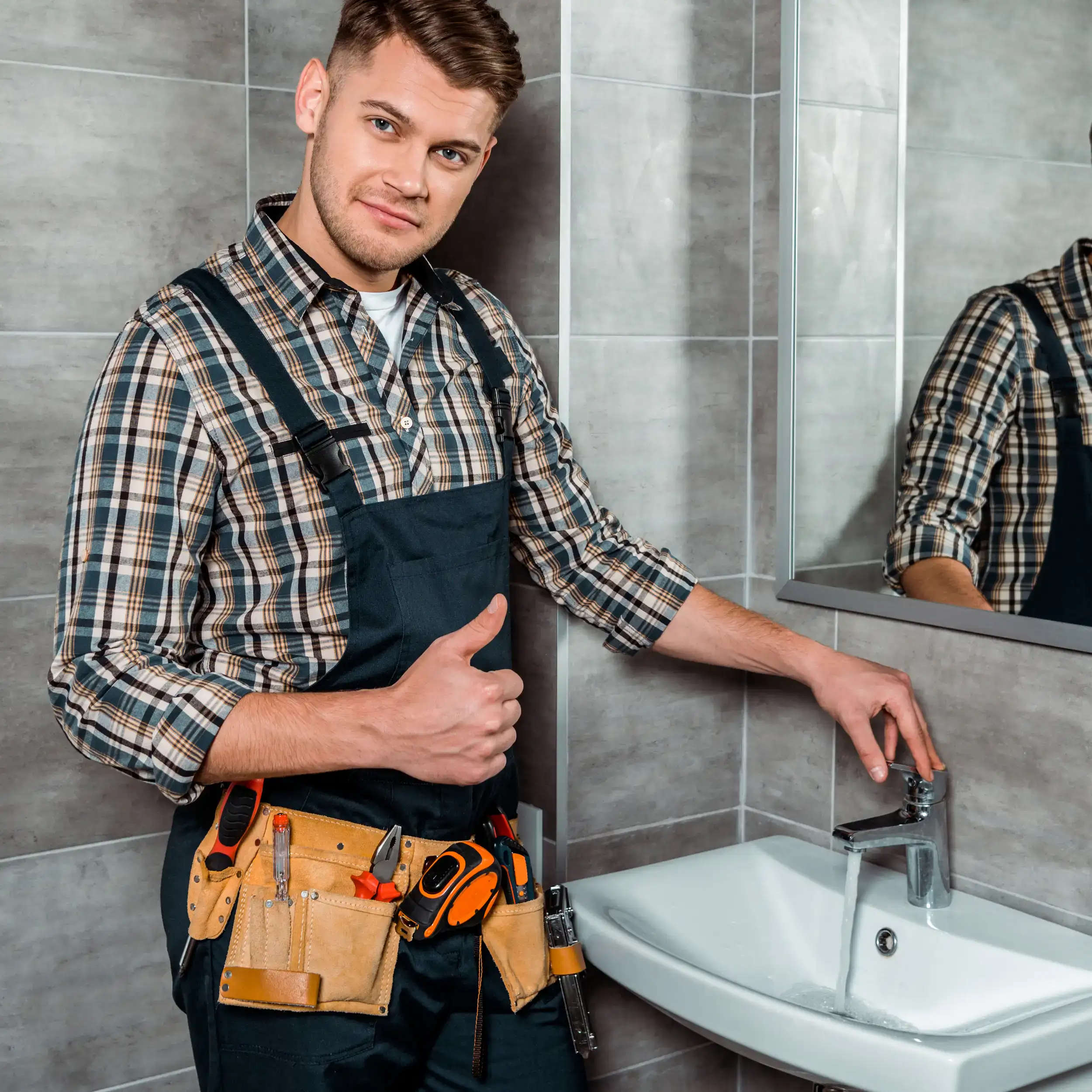A man giving a thumbs up after finishing fixing the faucet.